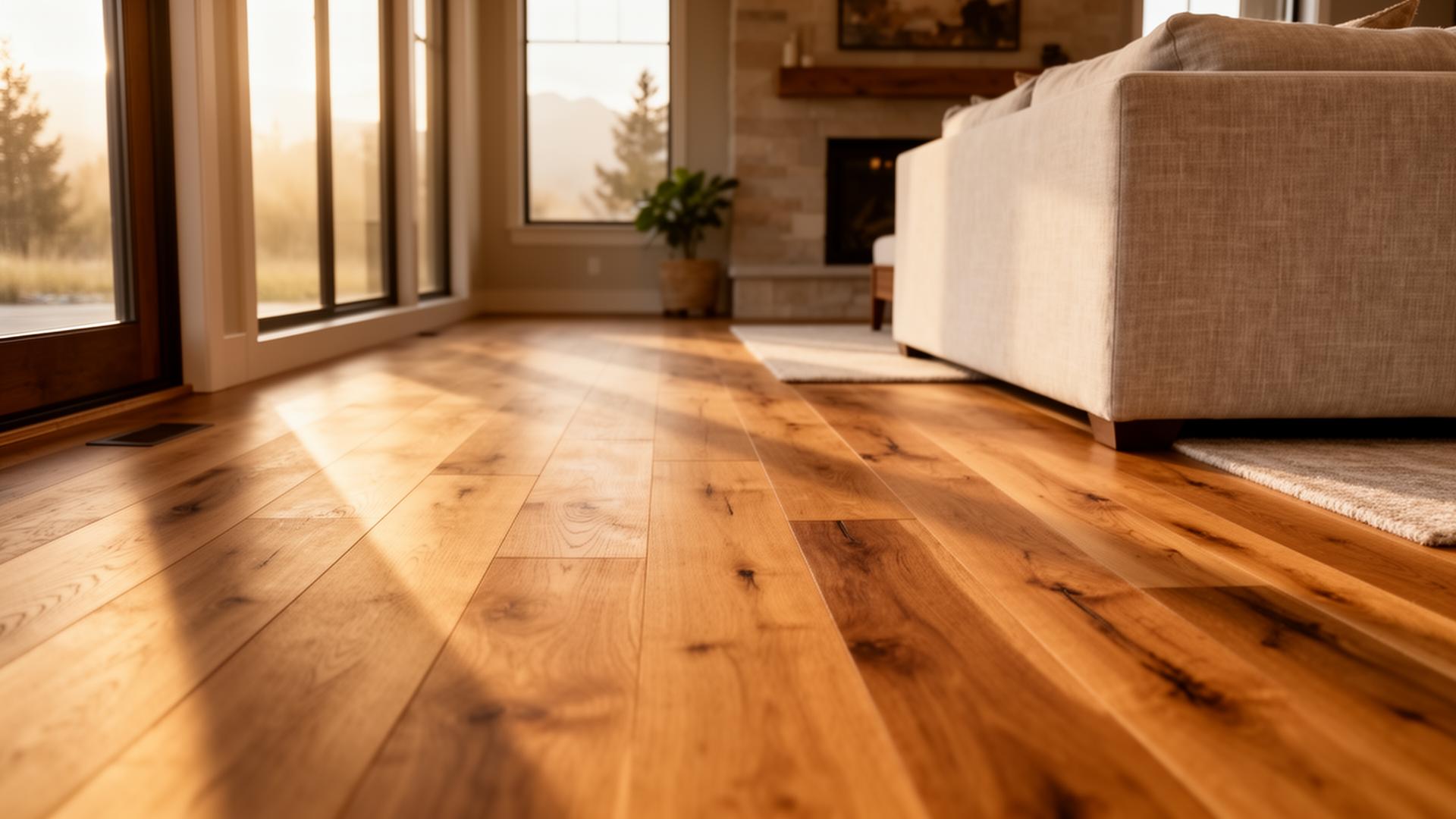 Wide-plank warm oak hardwood floor in a sunlit Idaho living room